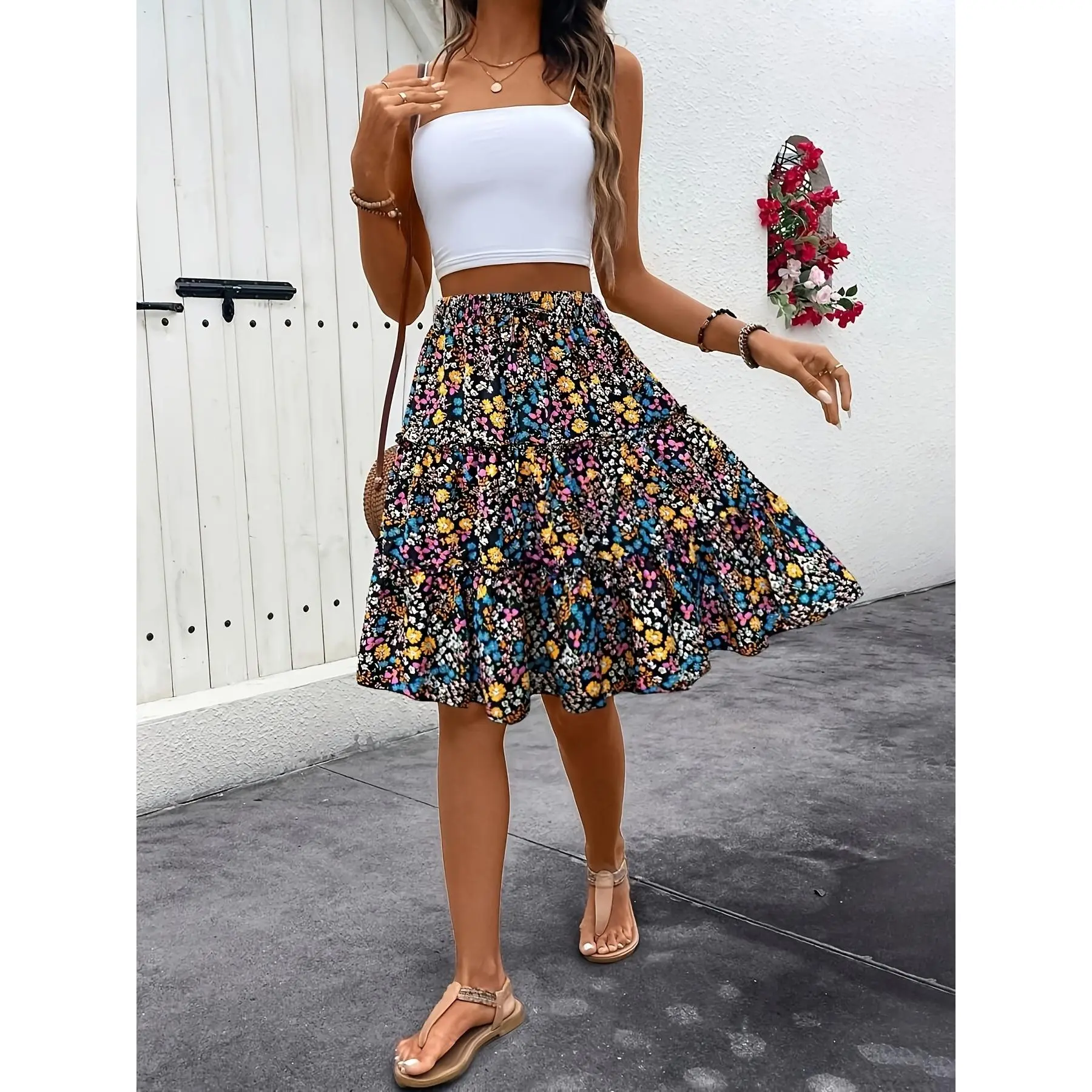 Print Skirt - Vibrant Blue, High-Waisted A-Line, Polyester Blend, Machine Washable, Perfect for Spring/Summer/Fall Womenswear Bottom