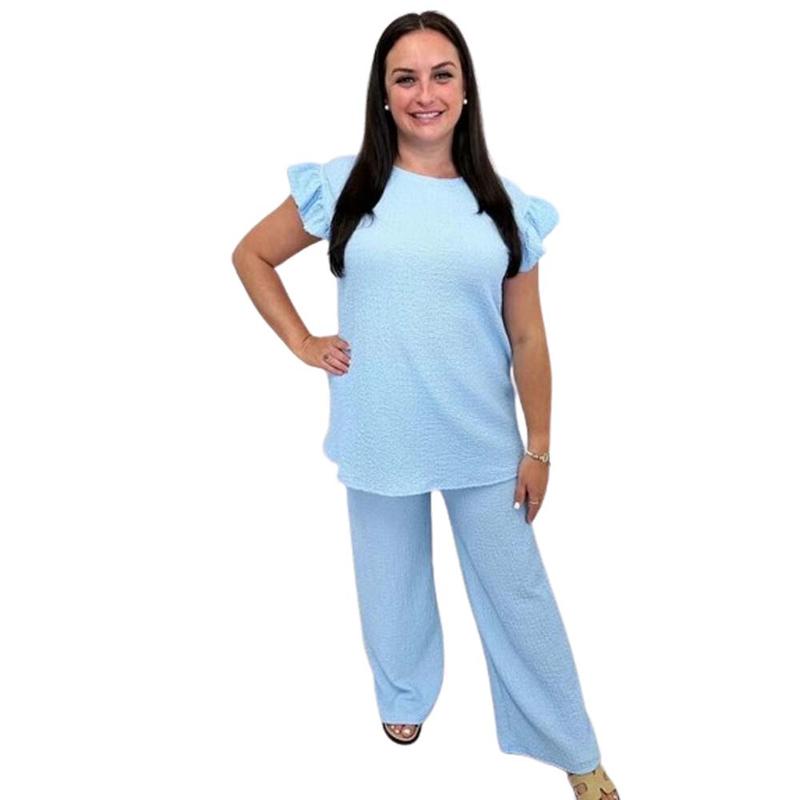 Women's Loungwear Ladies Pop Corn Fabric Frill Sleeve Top Trousers 2Pcs Co Ord UK Size 8-22 Loungewear Pajama Womenswear Nightwear Comfortable Pyjamas 6