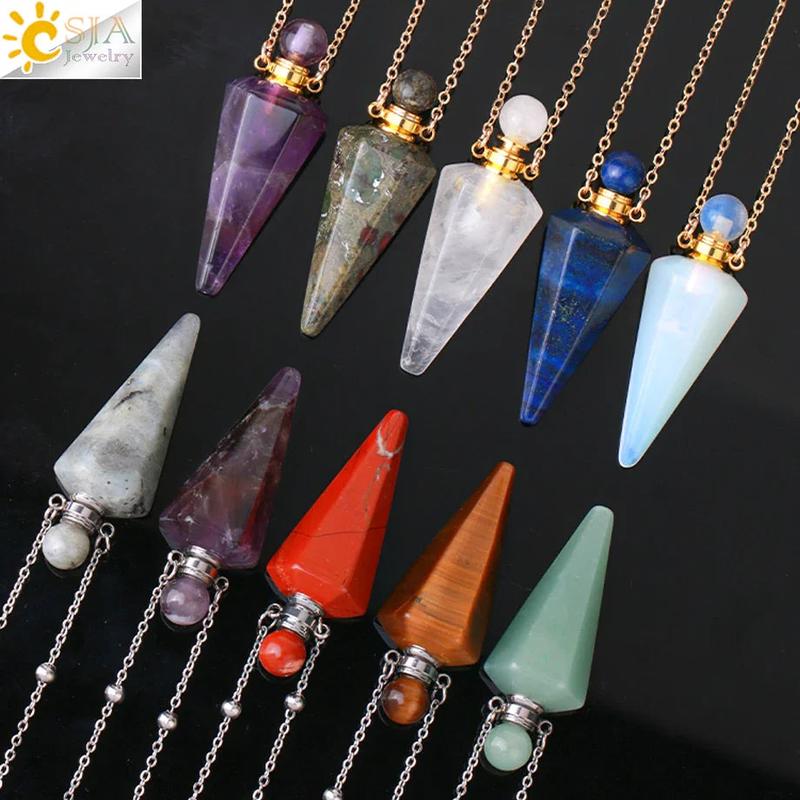 Natural Stone Cone Perfume Bottle Necklace – Healing Clear Quartz Crystal Pendant, Essential Oil Diffuser Vial for Aromatherapy 3