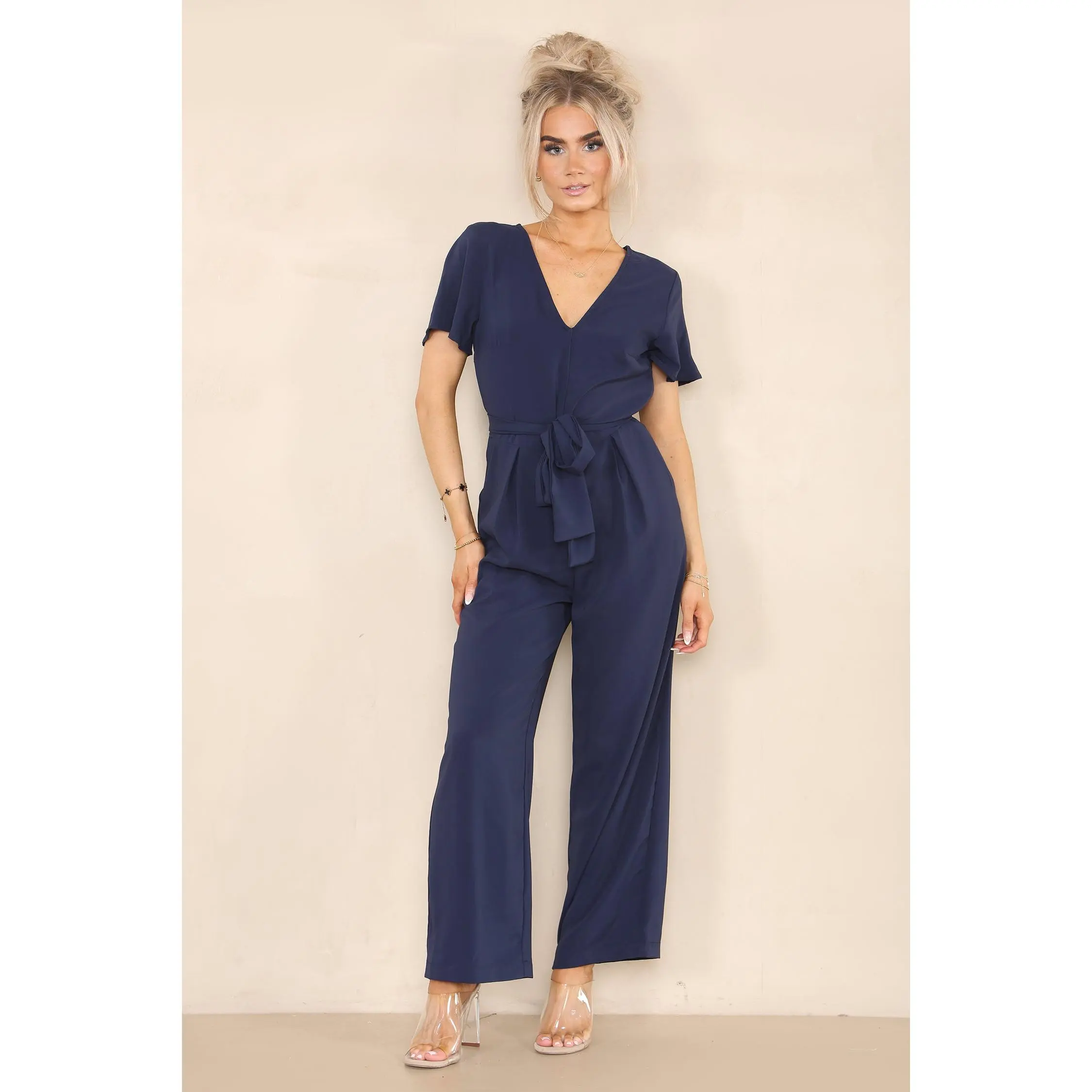 Women’s Navy V-Neck Jumpsuit with Tie Belt Waist, Short Sleeves Full-Length Wide Leg - Casual Dressy Loose Fit Playsuit Romper Dungarees Pants One Piece Summer Set Polyester Womenswear Chic Comfortable Elegance Everyday Fashion Overalls