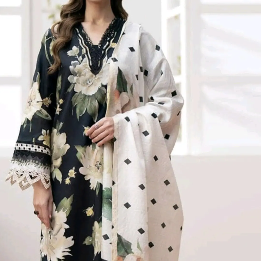 Winter Collection Ladies Suit with Printed Dupatta - 3 Piece Ready-Made Set - Overalls, Womenswear Linen