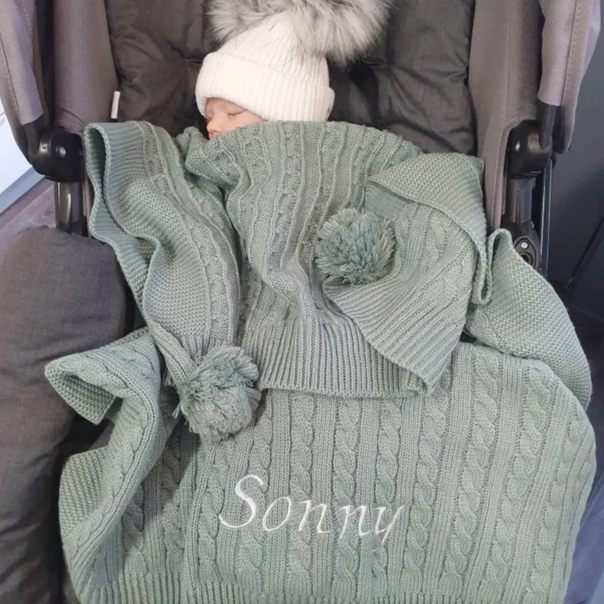 Personalised Sage Green Cable Knit Baby Pom Blanket