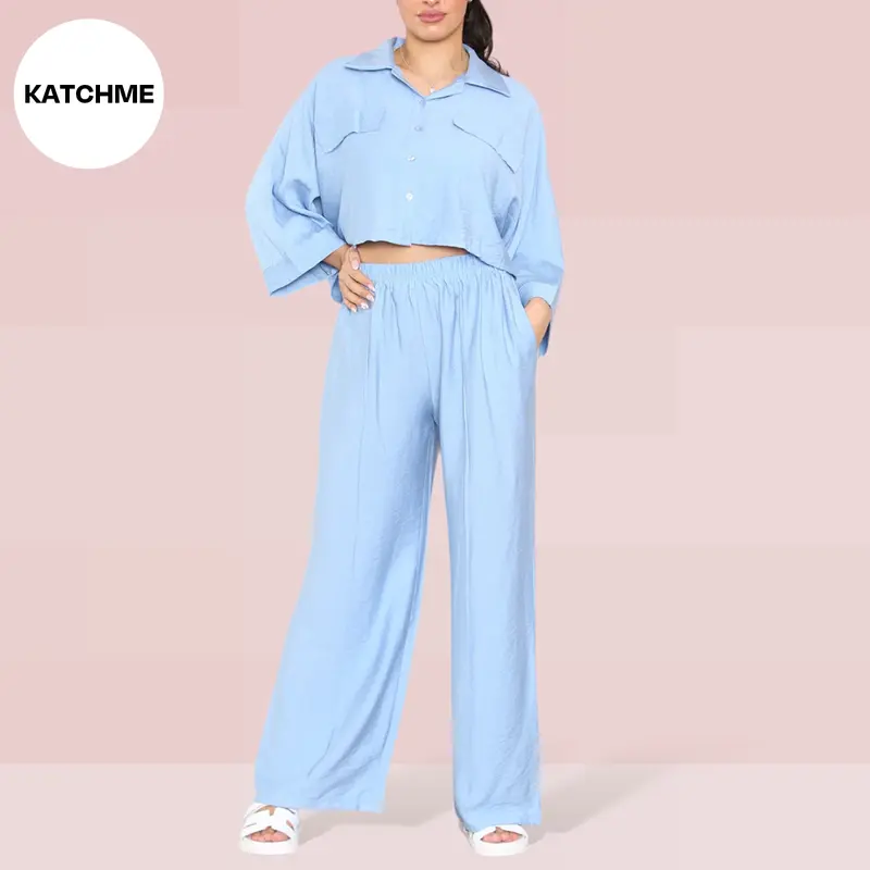 KatchMe Women's Versatile Long Sleeve Button Crop Top & Elastic Waist Pocket Trousers Co-ord,Lady Two-Piece Outfit for Womenswear,Plain Co-ord Set 1