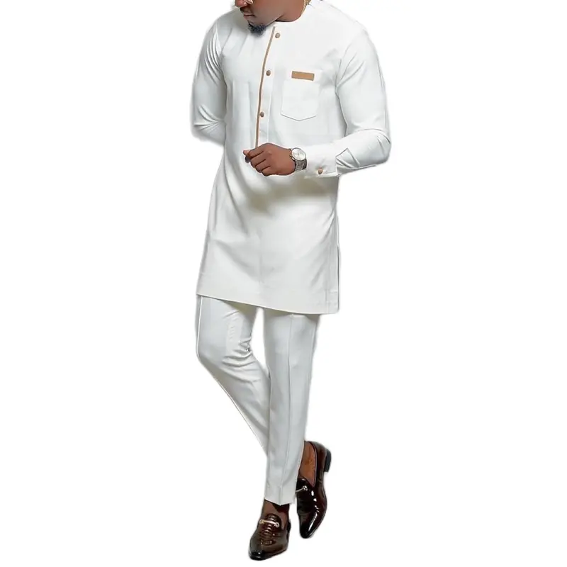Traditional African Men's Casual Suit Pants and shirt Set M -4XL. Round Neck Slim and plus size Long- Sleeve Muslim Robes for Male Ethnic Style African Dashiki Shirt Two pcs suit Round Neck Youth Robe Long Pants Muslim Men Thobe Long Sleeve Trouser Jubba 4