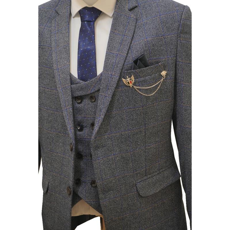 Men's Check Tweed Blue 3 Piece Suit Wool with Jacket, Waistcoat, Trousers and Tie 7