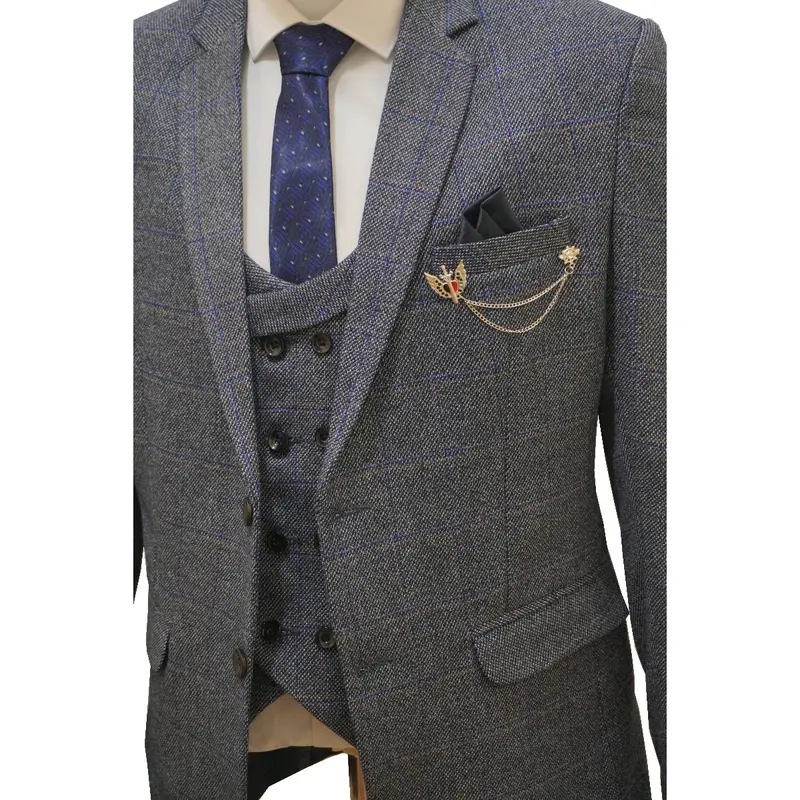 Men's Check Tweed Blue 3 Piece Suit Wool with Jacket, Waistcoat, Trousers and Tie 7