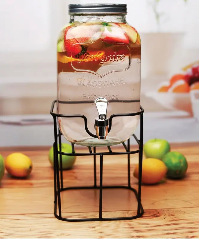 8L Glass Vintage Beverage Drinks Dispenser on Metal Stand Cocktail Jar with Tap  Mason Jar Serving Transparent Classic Drinkware Jug Bottle Set Pour Tin 0
