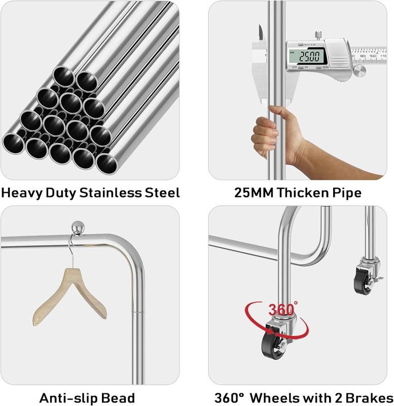 Heavy Duty Clothes Rack Open Wardrobe on Wheels Accessories Laundry Stainless Steel Hangable 3