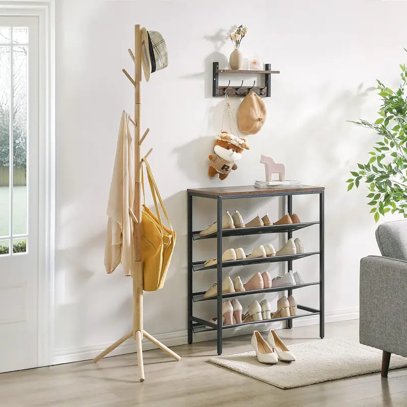 Coat Rack Freestanding, Wooden Coat Rack with 8 Hooks, Adjustable Hall Tree for Entryway, Living Room, Hallway, Bedroom, Coat Hanger for Hat, Handbag, Clothes, Purse, Umbrella, Natural, HCR001N 4