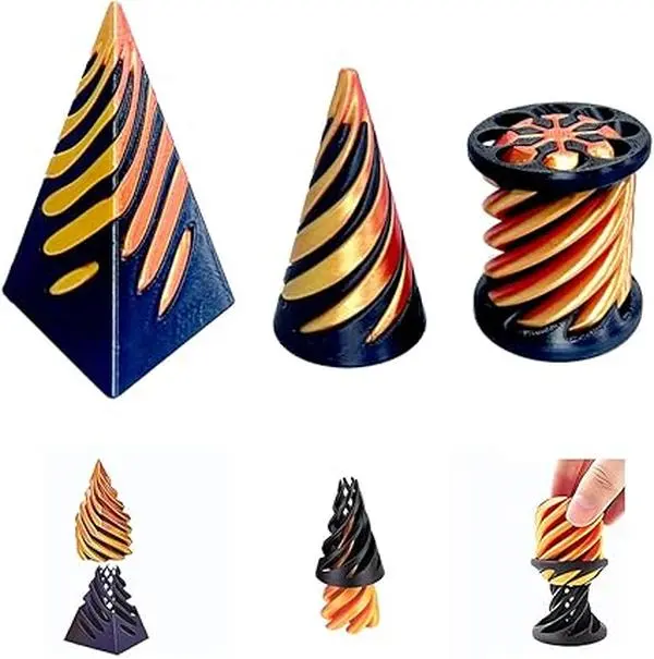 Impossible Cone 3PCS Set – 3D Printed Spiral Fidget Toy, Pyramid Passthrough Sculpture, Stress Relief Desktop Decoration for Kids & Adults (Gold)