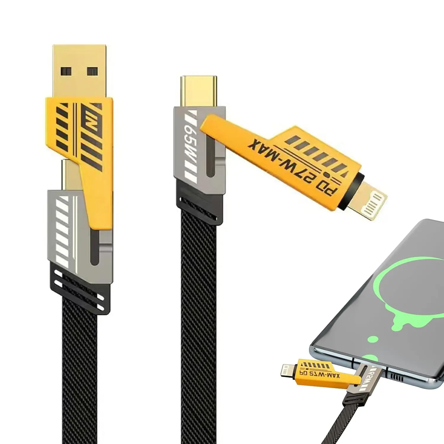 4 in 1 Multi Charger Cable, 65W Fast Charging & Data Transfer, USB-C to Lightning, USB-A to USB-C, Compatible with iPhone, Samsung, MacBook, and More, Ideal for Travel & Office Electronic Smartphone Mobile Cellphone