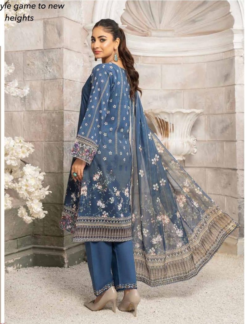 Product Introduction of New Airjet Digital Print Lawn Summer 3 Piece Suit by Munira Designer with Diamond Print Chiffon Dupatta Pakistani Desi Womenswear Fashion 3