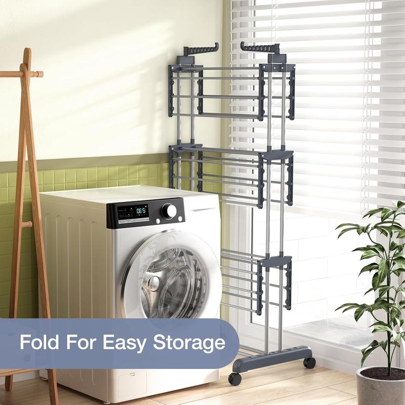 3-Tier Adjustable Rolling Clothes Drying Rack - Large Stainless Steel Laundry Hanger with Foldable Wings and Casters | Versatile Indoor/Outdoor Garment Dryer Accessories Hangable 3