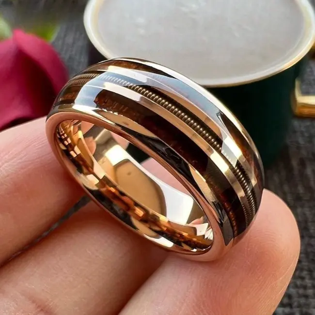 8mm Rose Gold Guitar String Ring with Wood Inlay for Men and Women - Fashion Wedding Jewelry