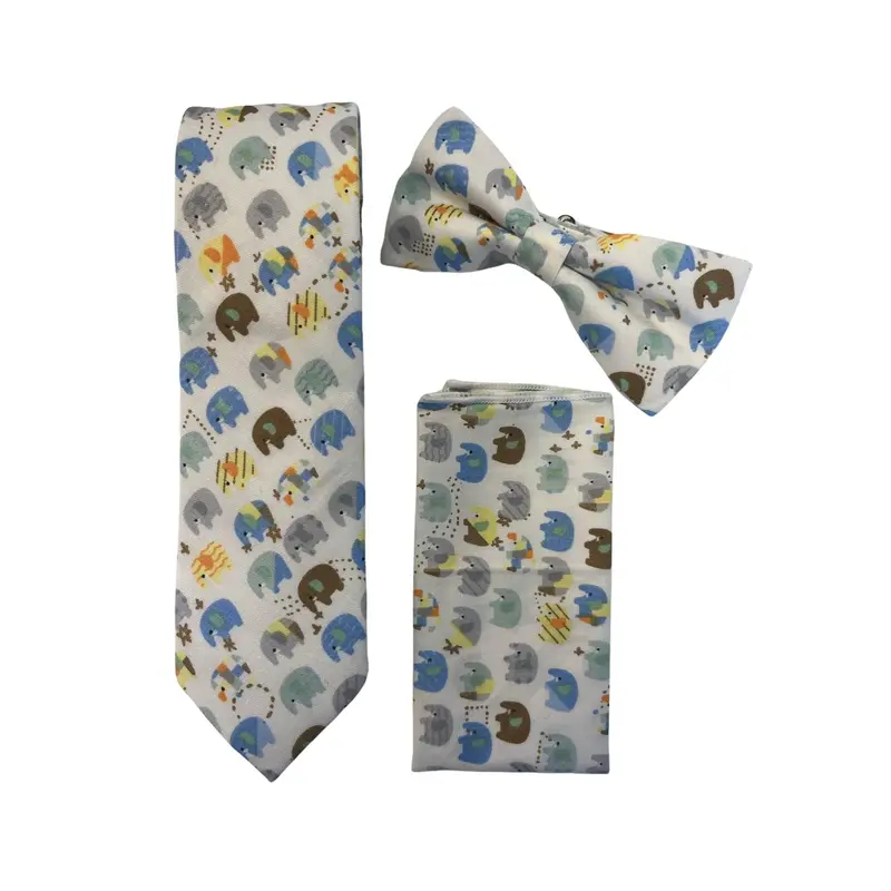 Ivory cotton adult bow tie with colourful elephant design 1