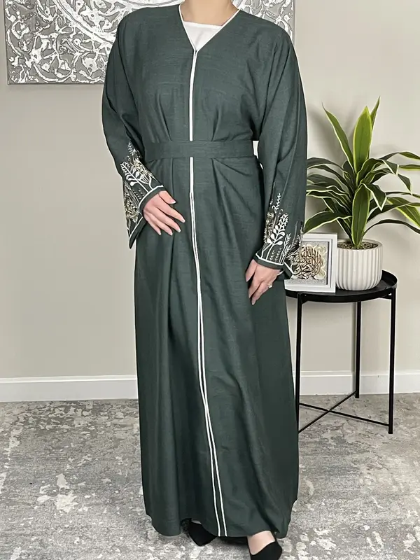 Forest Green Open Linen Abaya with Embroidered Sleeves 1