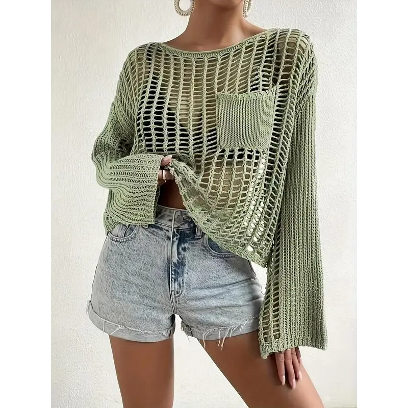 Women's Solid Pocket Hollow Out Round Neck Sweater, Casual Drop Shoulder Long Sleeve Jumper for Spring & Fall, Sweater for Women, Summer Outfits 2024, Women's Knitwear for Daily Wear, Fall Outfits 2024