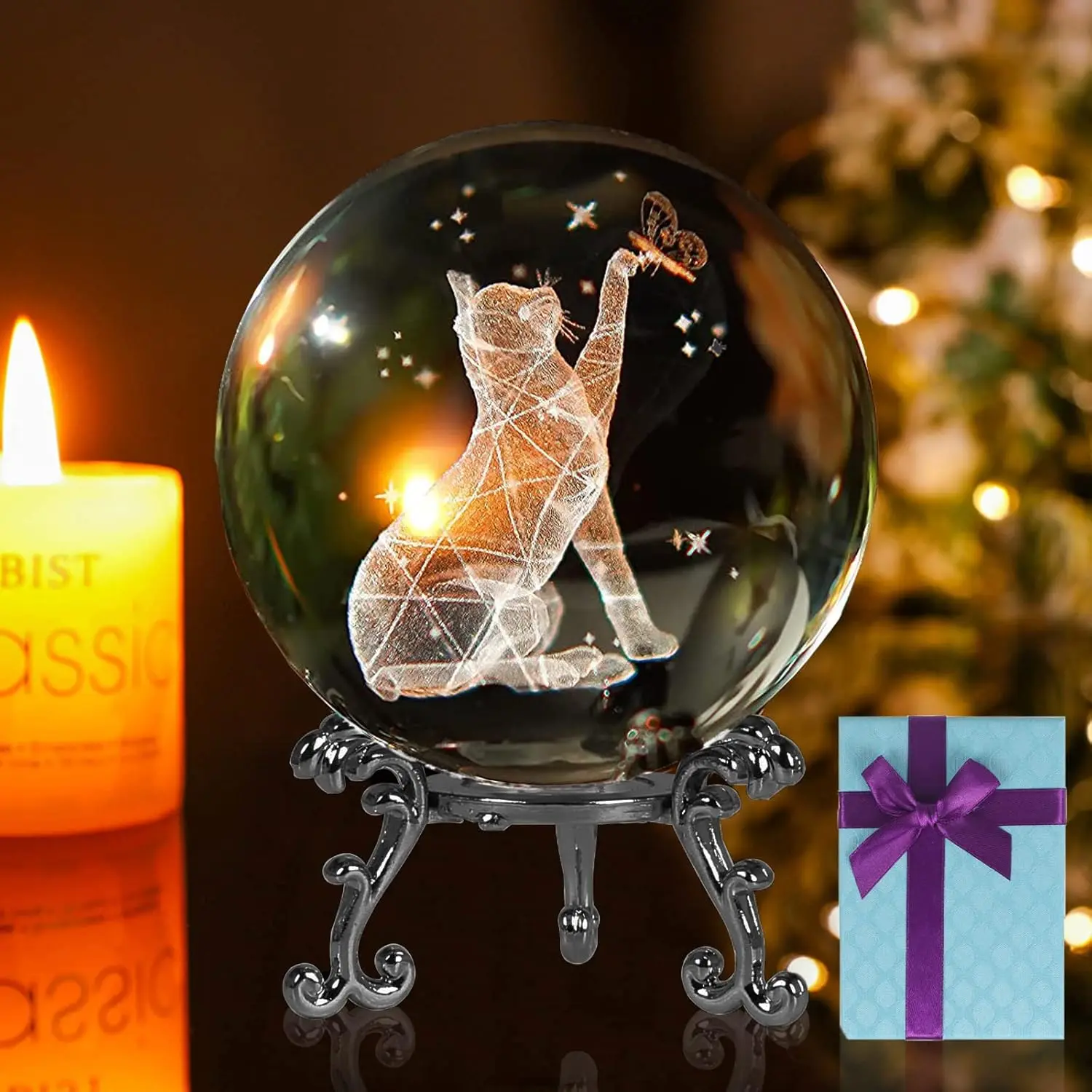 Cat Gifts for Women Gifts for Cat Lovers Crystal Ball 3D Laser Cat Figurine Glass Paperweights with Metal Stand Gift Box Cat