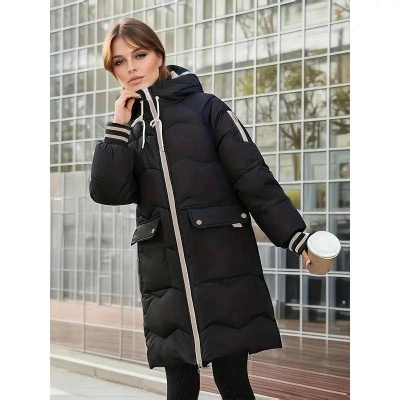 Cozy Thermal Puffy Coat - Cotton-padded Jacket with Drawstring Hoodie, Long Sleeve, Flap Pockets, and Zip-up Design for Fall and Winter - Women's Casual Outerwear for Chilly Days 1