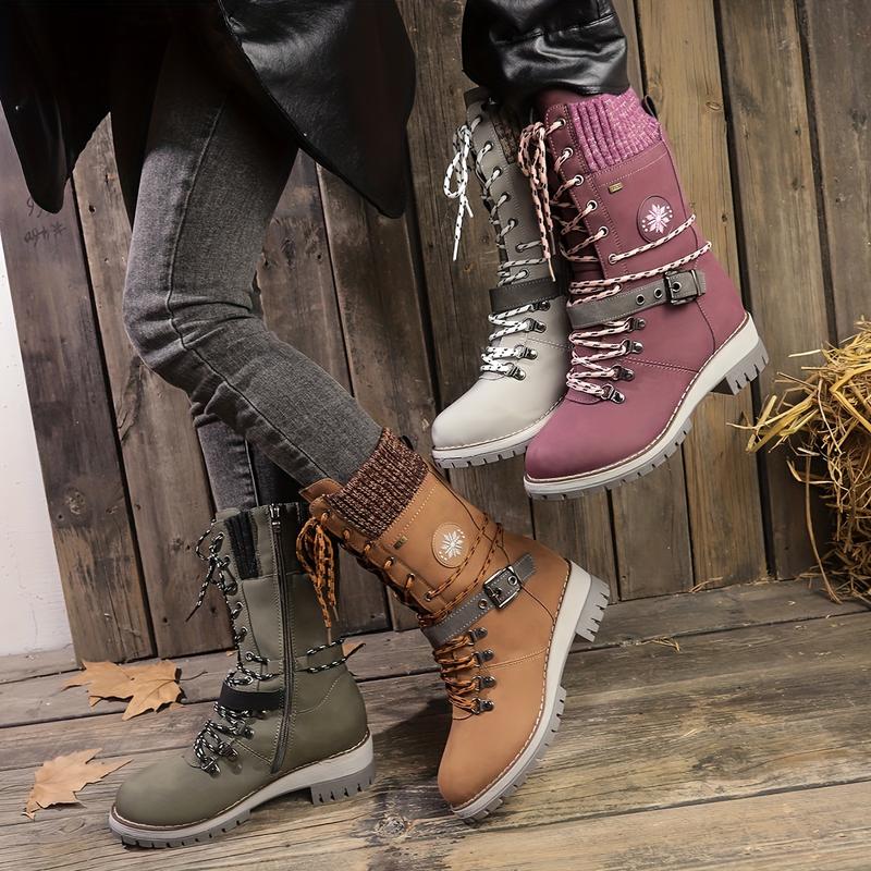 Product Introduction of Stylish Knitted Mid-Calf Boots - Trendy Solid Color Winter Boots with Side Zipper, Buckle Belt, and Non-Slip Sole for Women - Perfect for Cold Weather and Casual Occasions 4