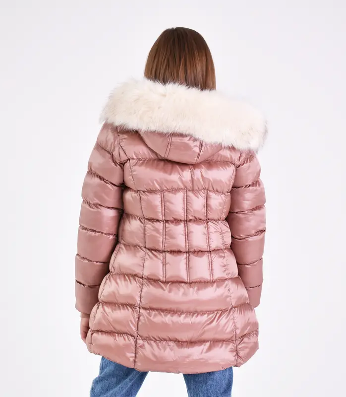 Charcoal Fashion Girl's Shiny Water Resistant Faux Fur Lined Quilted Midi Puffer Coat. Keep Warm, Outdoors,  Hood fur, Back to School 2