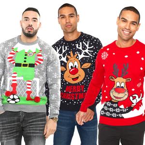 NOROZE Men's Moosee Merry Christmas Jumper Xmas Elf Novelty Pullover Sweater UK Size S-XXL Fabric Knit