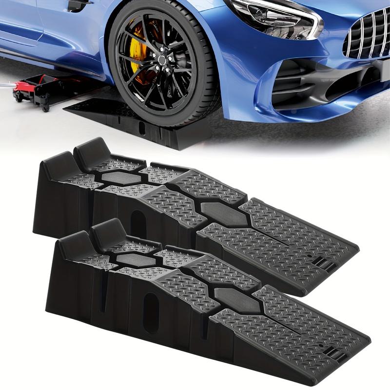 Product Introduction of Pair Of Heavy Duty 2.5 Ton Plastic Car Ramps Vehicle Lifting Ramps Portable Car Van Lift Lifter Car Repair Low Slope With Front Stopper For Car Maintenance, Non-Slip Traction Surface, 5 Ton Capacity In Total 9