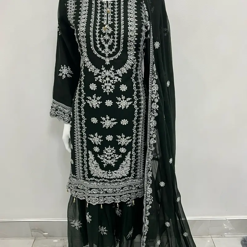 Sophie embroidered chiffon gharara suit Bottle Green