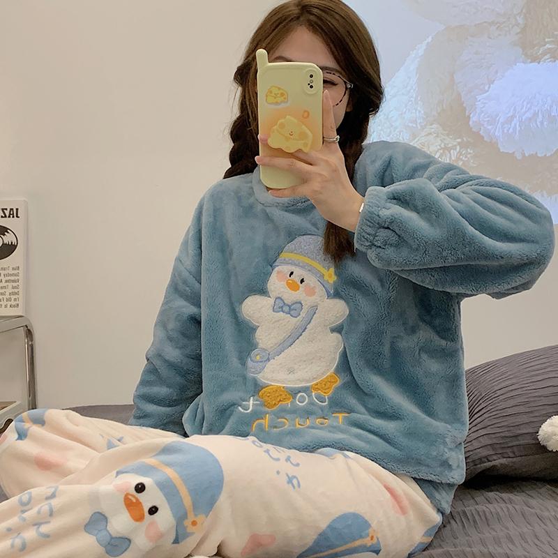 Autumn Winter Warm Flannel Women's Pajamas Set Long-sleeved Trousers Two-piece Set Cute Soft Home Wear Clothes for Women 2