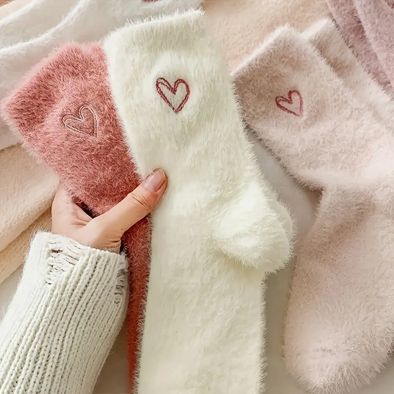 ORACEGRA        5 Pairs of Breathable and Warm Women's Mid - Calf Socks with Embroidered Heart Pattern - Plush Fleece Lined, Crafted from 97% Polyester and 3% Spandex Knit Material, Hand - Washable. A Great Present for Girlfriend, Wife or Mother. 5