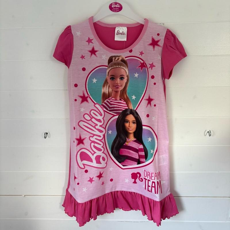 Barbie Doll Nightdress Nighty Girls Nightie Nightwear Pyjamas Pjs Nightwear Sleepwear Kids Toddler Childrens Character Pink Short Sleeve Night Dress Hearts Frill 1