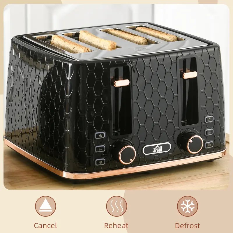 HOMCOM 4 Slice Toaster with 7 Browning Levels, High Lift, Reheat/Defrost/Cancel, Self-centring Function, Removable Crumb Tray, Auto Off, 1600W, Black Honeycomb Texture 2