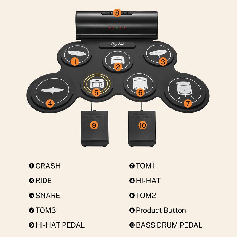 POGOLAB Roll up Drum Mat, 7 Pads Electric Drum Kit, Portable Digital Drum Practice Pad with Dual Stereo Speakers/Drumsticks/Earphone Slot, 10 Hour runtime, Christmas Birthday Gift for Kid Beginner 6