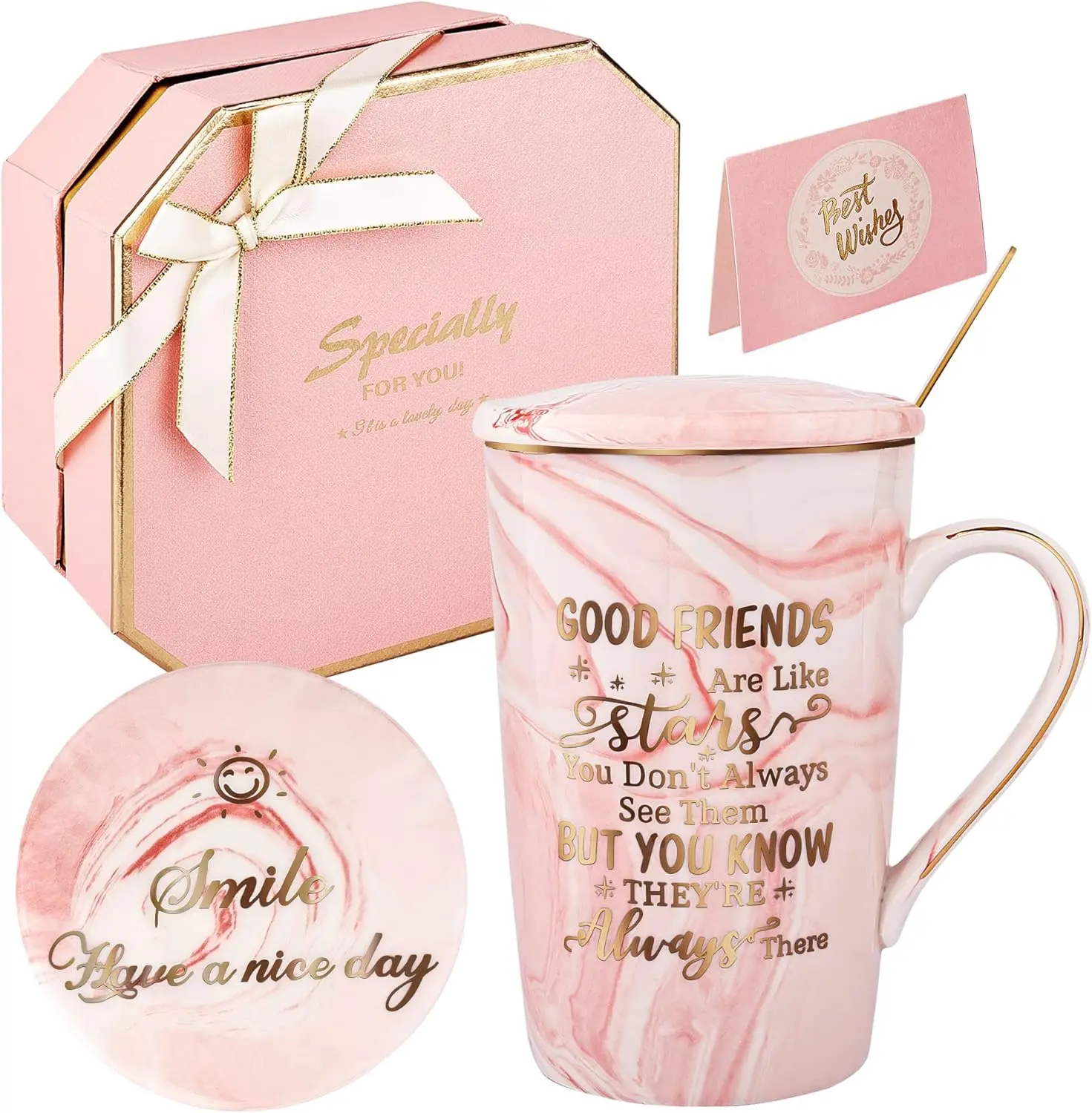 Best Friend Birthday Gifts for Women-Good Friends are Like Stars Mug-Friendship Gifts for Women Birthday Gifts Ideas for Her, Friends,Female, Sister Ceramic Marble Coffee Mug Gifts Box 14oz Pink Cup Tumblers Drinkware Reusable Washable Reuse