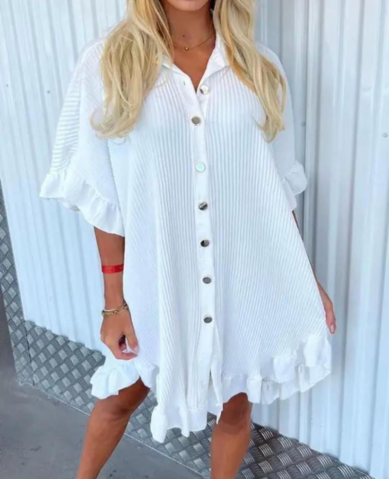 Product Introduction of Women’s Ladies Gold Button Pleated Frill Summer Shirt Swing Mini Dress Viral TikTok Top Casual Fabric 16