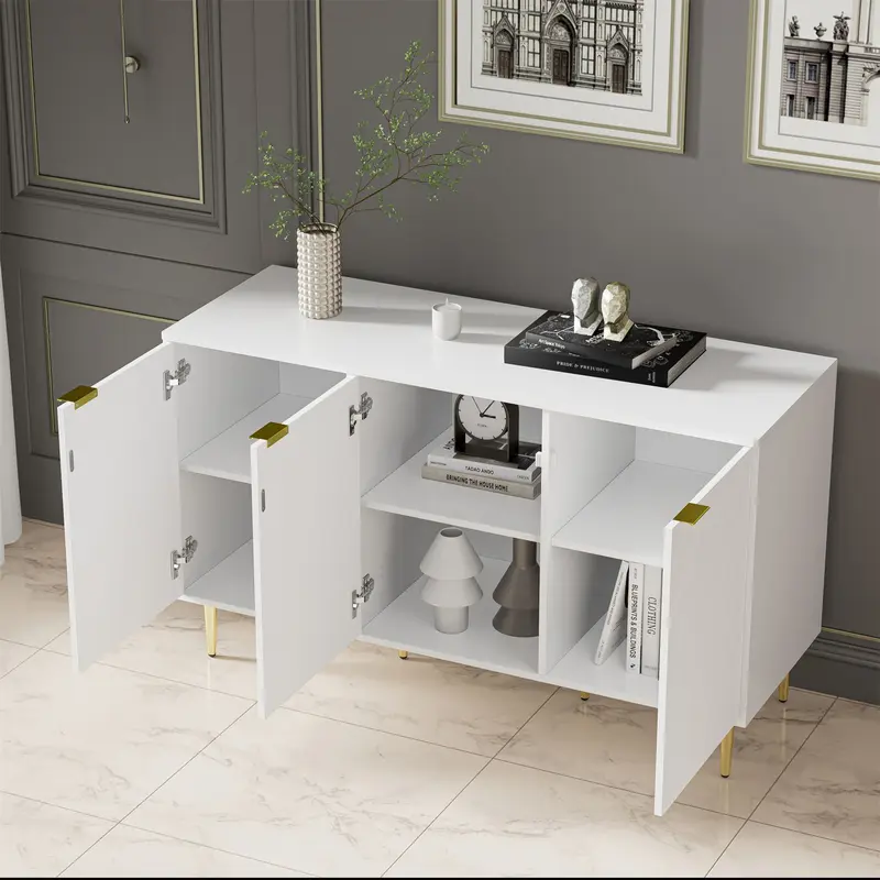 Modern dining room cabinet, gilded legs and handles, chest of drawers, lacquered, rounded corners, suitable for bedroom, living room and bathroom, 2 layers 6 compartments, 127W*45D*75H, white 1
