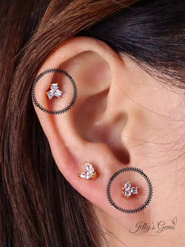 Three Zircons 18k Gold, Silver or Rose Plated Cartilage Helix Lobe Tragus Conch Earring | Screw Ball, Labret Back or Push Back | Hypoallergenic Surgical Steel Bar | Dainty & Stylish Piercing Jewelry for Women | Perfect for Everyday Wear Special Occasion 1
