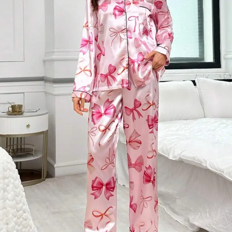 Bow-Knot Faux Silk Pajama Set with Shawl Collar and Long Sleeves for Women - Nightwear, Loungewear Womenswear Homewear Pjs Comfort Pyjamas Comfortable Soft Feminine Fit Floral Longsleeves 2