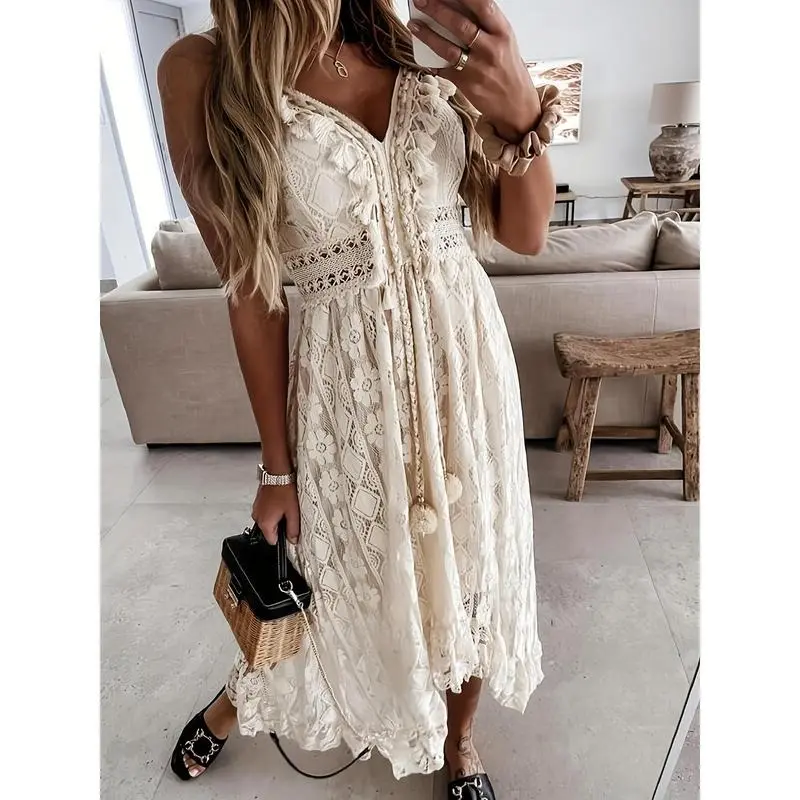 Women's Boho Lace Hem Maxi Swing Sundress - Spaghetti Strap V-Neck Beachwear Dress for Vacation and Summer