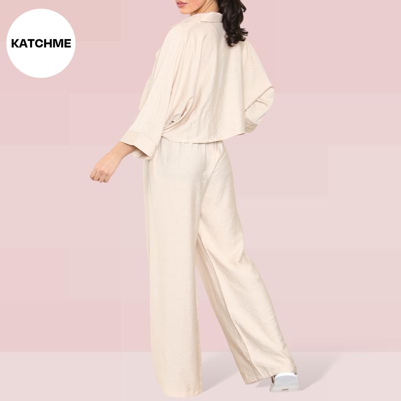 KatchMe Women's Versatile Long Sleeve Button Crop Top & Elastic Waist Pocket Trousers Co-ord,Lady Two-Piece Outfit for Womenswear,Plain Co-ord Set 8