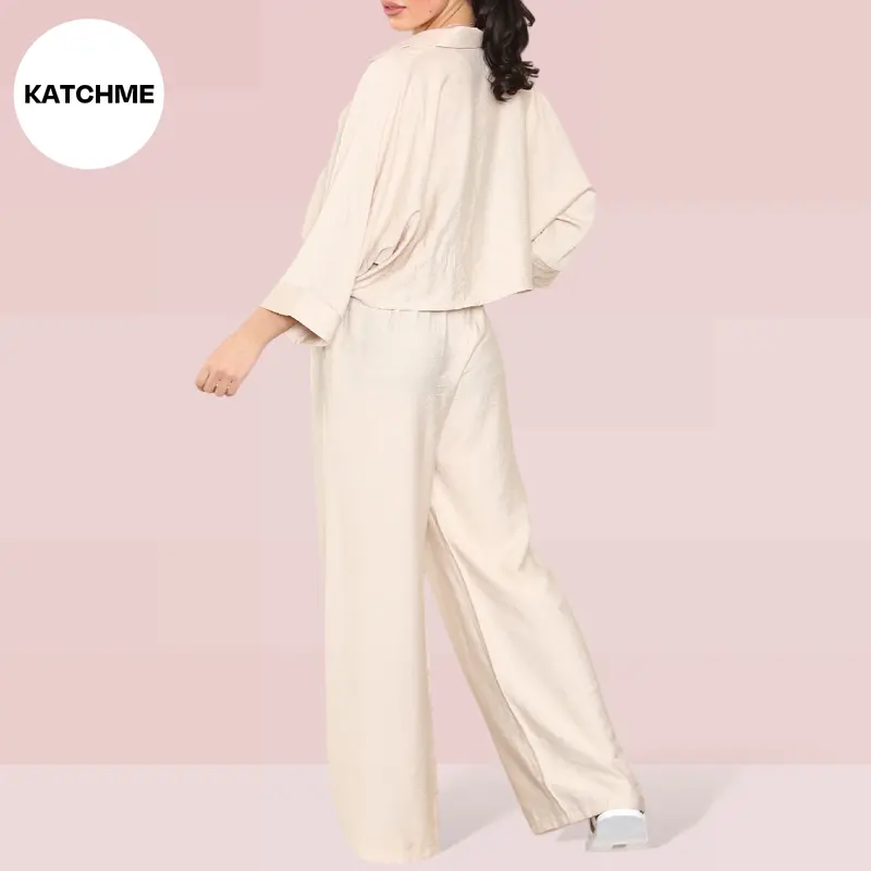 KatchMe Women's Versatile Long Sleeve Button Crop Top & Elastic Waist Pocket Trousers Co-ord,Lady Two-Piece Outfit for Womenswear,Plain Co-ord Set 8