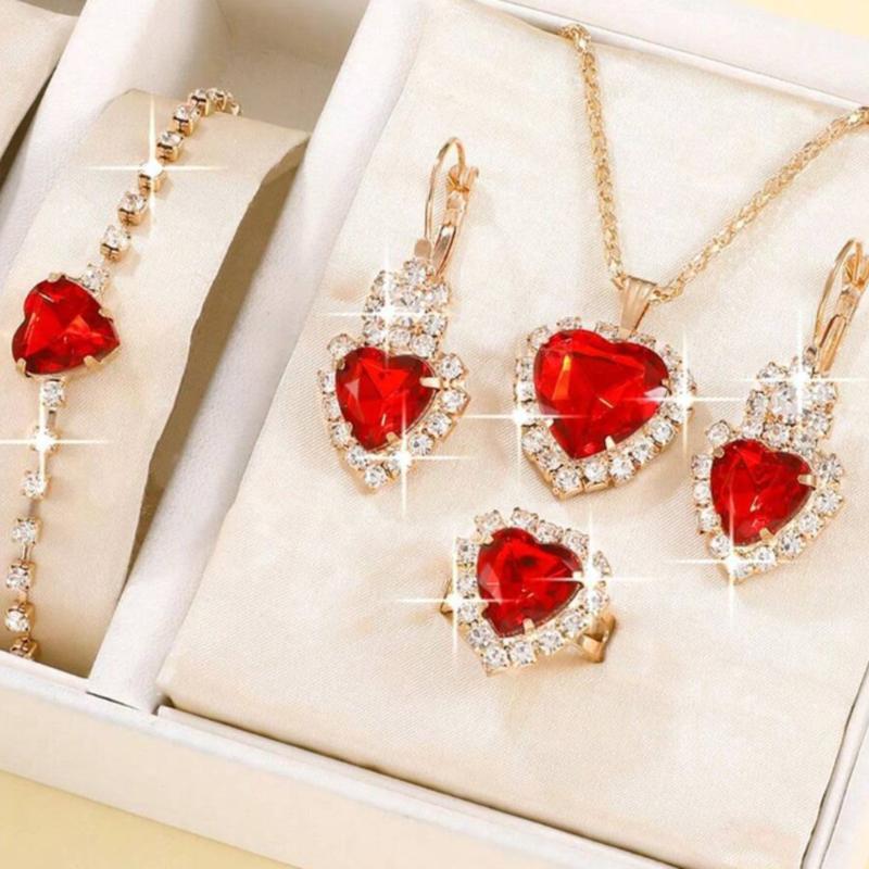 Set of necklace, earrings, ring and bracelet with red solid stone for elegant women in parties, Valentine's Day gift for girlfriend 1