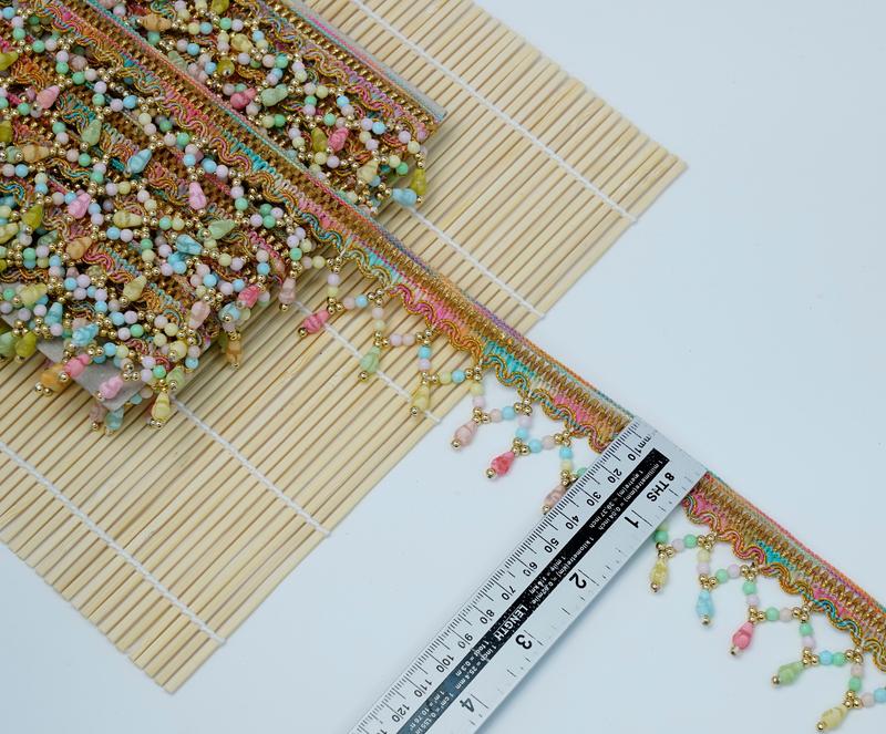 2 Yrds Beaded Multicoloured Fringe Scalloped Shape Pearl Vintage Style Trim Ribbon Sewing on Edging Perfect for adding a touch of vintage charm to wedding stationery or craft projects Decoratiing Lamp Shade,Curtain edging,table cloth edging Decoration 2