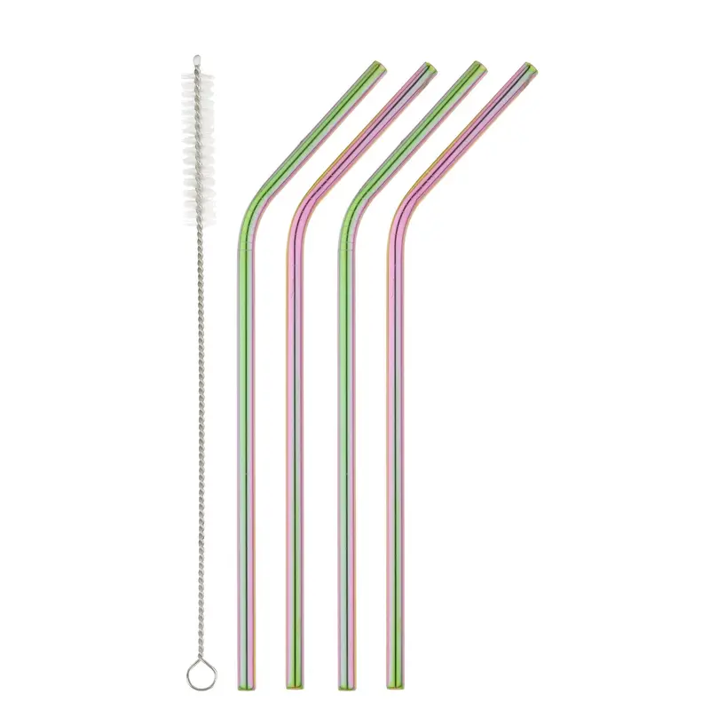 Homiu Stainless Steel Rainbow Straw Forever 4 Pack Includes Cleaning Brush Drinkware Metal 4