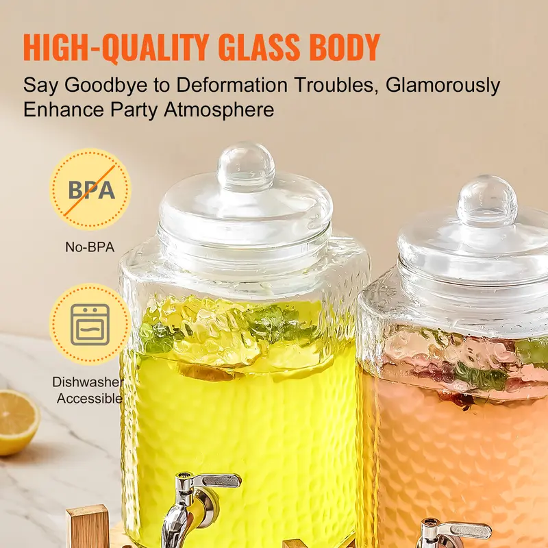 VEVOR Beverage Dispenser, 1.5 Gallon Drink Dispensers for Parties,2PC,Glass Juice Dispenser with Stand, Stainless Steel Spigot, Iced Tea Lemonade Juice Water Dispenser, for Restaurants, Hotels, Partie Drinkware Jugs 3