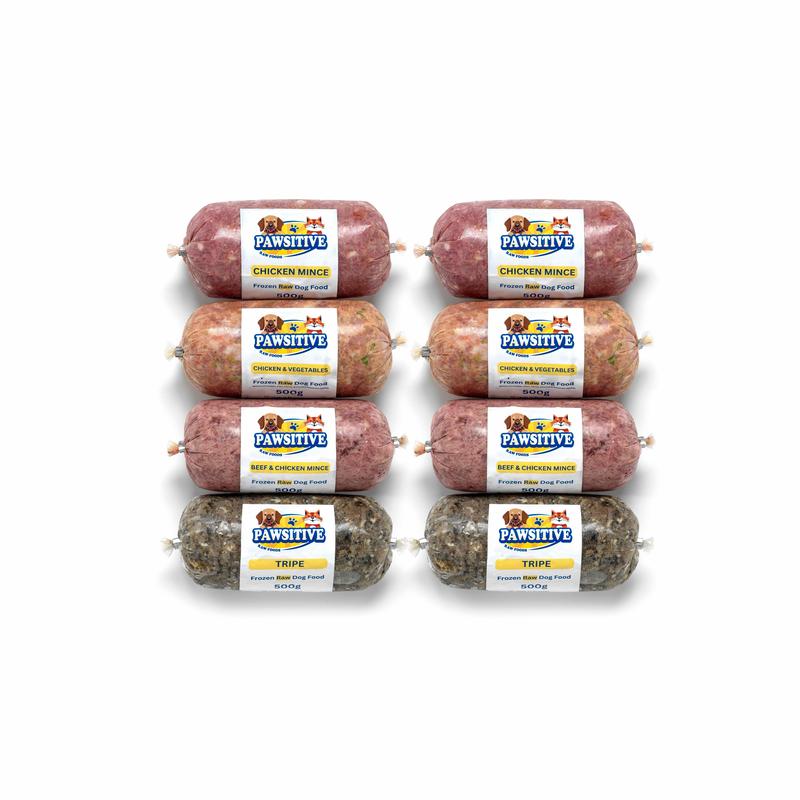 Frozen Raw Dog Food Variety Pack - 24 Rolls (500g Each, 12kg Total) - Includes Chicken, Chicken & Veg, Tripe, Beef & Chicken Flavours) BARF Diet 1