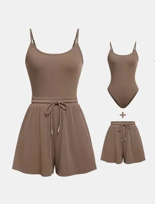 Women Abjustable Strap Cami Bodysuit & Drawstring Wide Leg Shorts Set, Casual Round Neck Sphaghetti Strap Bodysuit &Elastik Shorts Set, Back to School Womens Wear for Summer, Travel 1