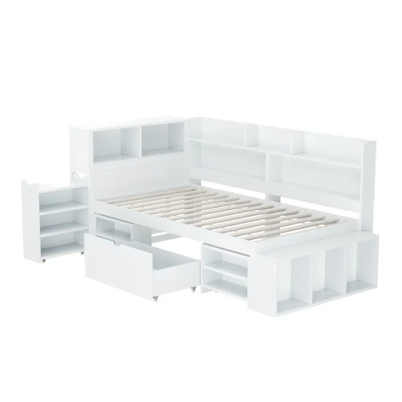 Children's bed, Single Bed-3ft(90*190cm), single bed, multifunctional children's bed with drawers, bookcase and storage cupboard, large storage space, slatted frame, without mattress, white 6