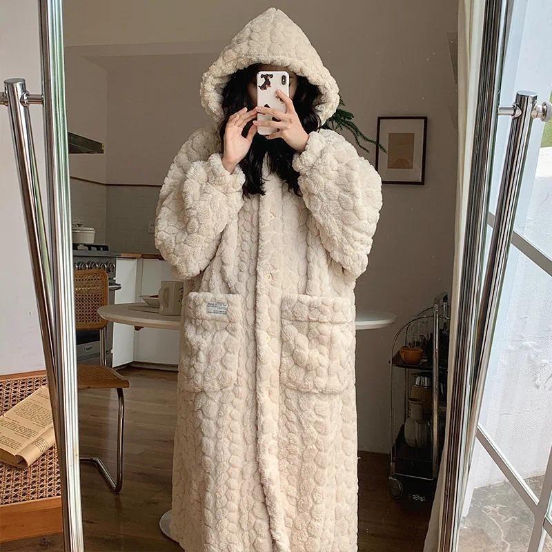 Pocket Robe for Women Sleepwear Winter Nightdress Night Wears Warm Fleece Pajama One Piece Nightgown Hooded Sleeping Homewear 4