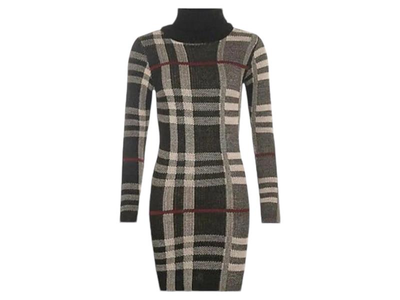 New Womens Polo Neck Tartan Knitted Midi Ladies Long Sleeve Bodycon Jumper Dress 2